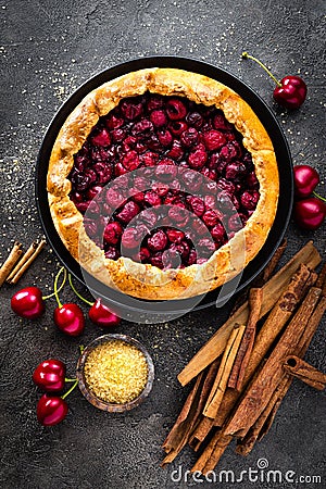 Fruit pie. Sweet pie, tart with fresh cherry. Delicious cake with cherry Stock Photo