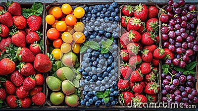 Fruit in pieces and whole arranged in an orderly and chromatically elegant way seen from above Stock Photo