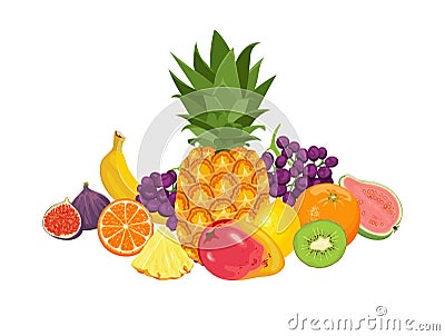 Pile of different tropical fruits isolated on white background. Vector illustration of food Vector Illustration