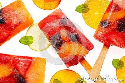 Fruit popsicles, homemade fruit ice lolly of various fruits, top view Stock Photo