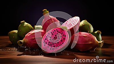 Fruit Prickly Pear. Whole purple and green fruits on dark background with leaves and drops. Macro. Exotic fruit of Stock Photo