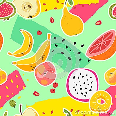 Fruit print. Fruits seamless pattern fresh food nature vitamin healthy eating colorful summer texture trendy cartoon Vector Illustration