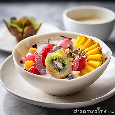 fruit salad with exotic fruits in a porcelain bowl Stock Photo