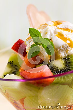 Fruit Salad with Ice Cream,kiwi,strawberry,papaya Stock Photo