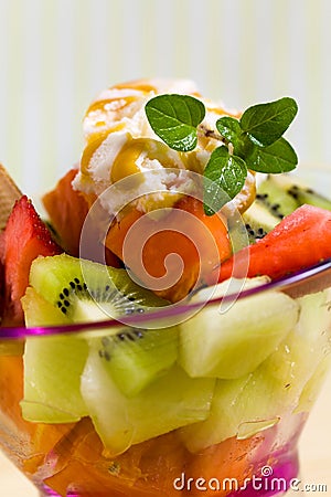 Fruit Salad with Ice Cream,kiwi,strawberry,papaya Stock Photo