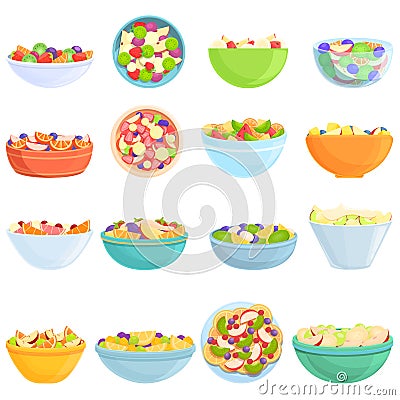 Fruit salad icons set, cartoon style Vector Illustration