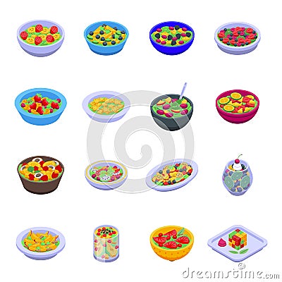 Fruit salad icons set, isometric style Vector Illustration