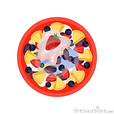 Fruit salad with pineapple, ripe strawberry, plum, blueberry and fresh yogurt, top view. Tasty food. Flat vector icon Vector Illustration