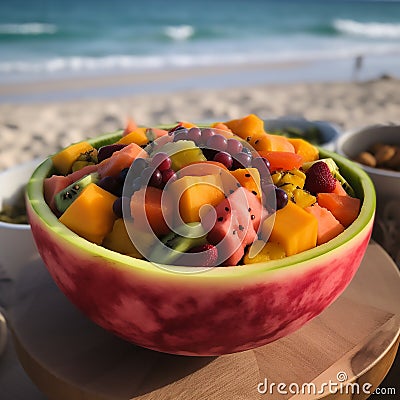 fruit salad is served in a hollowed-out watermelon shell Stock Photo