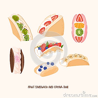 Fruit sando, Japanese fruit sandwich and cream bun vector set. Japan asian food illustration isolated on beige background Vector Illustration