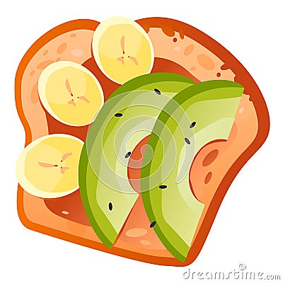 Fruit sandwich. Bread with avocado and bananas. Healthy breakfast. Vector Illustration