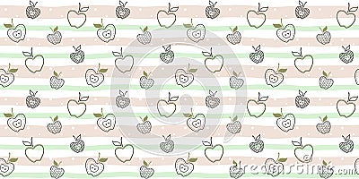 Fruit seamless pattern with black decorative apples with a leaf on a soft striped background with dots Vector Illustration