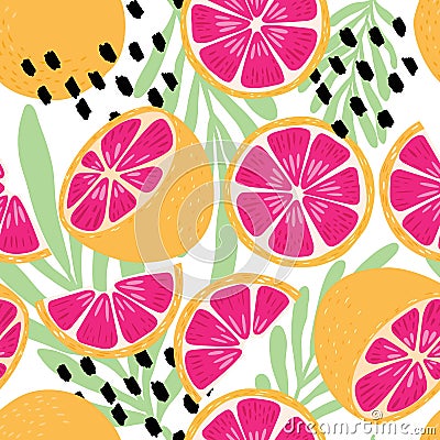 Fruit seamless pattern, grapefruit with tropical leaves and abstract elements on white background. Summer vibrant design Vector Illustration