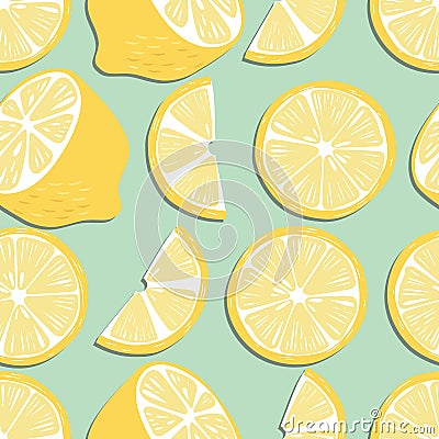 Fruit seamless pattern, lemon slices and halves on mint green background. Summer vibrant design. Exotic tropical fruit Vector Illustration