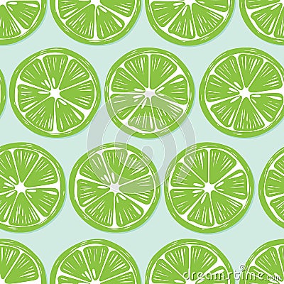 Fruit seamless pattern, lime slices with shadow on bright blue background. Summer vibrant design. Exotic tropical fruit Vector Illustration