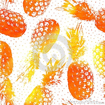 Fruit seamless pattern. Pineapple background for design summer prints. Repeating watercolor fruits texture. Reflection orange anan Vector Illustration