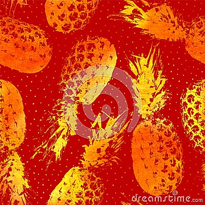 Fruit seamless pattern. Red pineapple background. Design summer prints. Repeating watercolor fruits texture. Reflection orange ana Vector Illustration