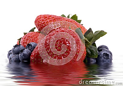 Fruit Series (Isolated blueberries and strawberries in water) Stock Photo