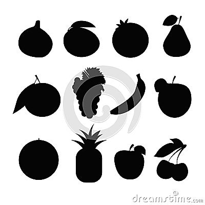 Fruit set silhouette. Grape fig mango apple pineapple pomegranate pear banana tangerine watermelon cherry Vector Illustration
