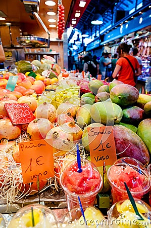 Fruit shop at La Boqueria market at Barcelona Stock Photo