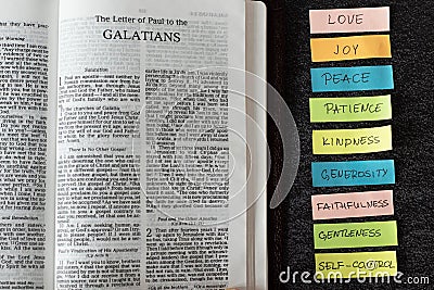 Fruit of the Spirit handwritten words with an open Bible Galatians Book Stock Photo