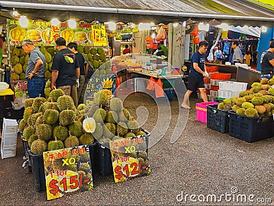 Fruit stall which sell variety of durians in Singapore. Editorial Stock Photo