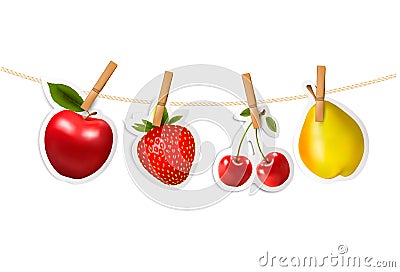 Fruit stickers hanging on a rope. Vector Illustration