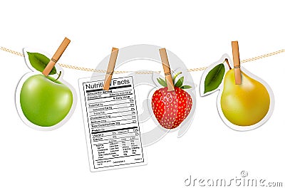 Fruit stickers and a nutrition label hanging on a rope. Vector Illustration