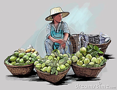 Fruit street vendor in Bangkok Thailand Vector Illustration