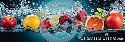 Fruit submerged in water splash, banner, generative AI Stock Photo