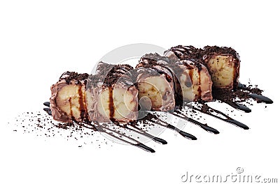 Fruit sushi rolls with chocolate cream and banana isolated on white Stock Photo