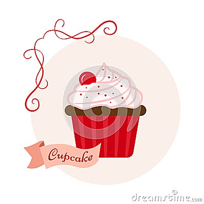 Colored cupcake with cherry on light red background and ribbon with inscription. Vector illustration Cartoon Illustration