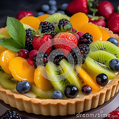 Fruit tart with kiwi, strawberries, blueberries, blackberries and raspberries. Stock Photo