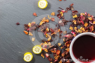 Fruit tea in front of a dark background Stock Photo