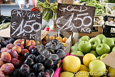 Fruit tray, price tags. Stock Photo