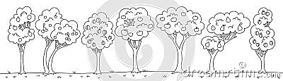 Fruit tree garden doodle cartoon set linear different orchard trees apple apricot farm ripe harvest Vector Illustration