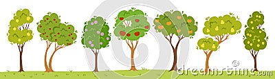 Fruit tree garden flat cartoon set orchard trees apple pear lemon cherry plum farm ripe eco harvest Vector Illustration