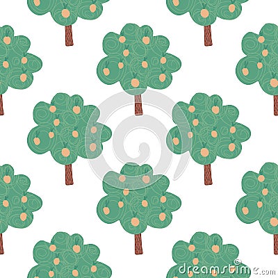 Fruit trees seamless pattern on white background. Doodle apple tree landscape. Vector Illustration