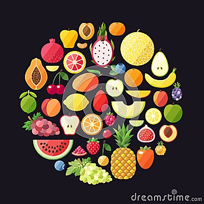 Fruit vector circle background. Modern flat design. Healthy food background. Vector Illustration