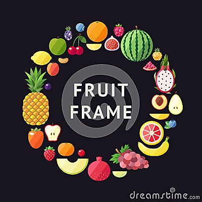 Fruit vector circle frame background. Modern flat design. Healthy food background. Vector Illustration