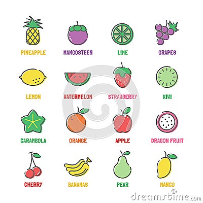 Fruit vector line icons with flat colors Vector Illustration