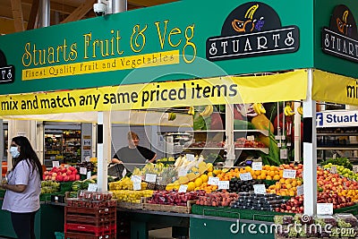 Fruit and Veg seller at the Moor Market in Sheffield UK Editorial Stock Photo