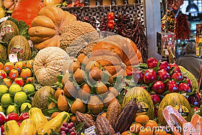 Boqueria market fruit and veg stall Editorial Stock Photo