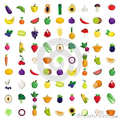 Fruit vegetable berry mushroom plants vector flat food icon Vector Illustration