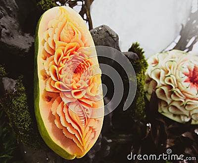 Fruit and vegetable carvings, Display thai fruit carving Stock Photo