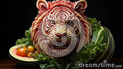 Fruit and Vegetable carvings, Watermelon carving detail of tiger head, Display decoration for Hotel or Restaurant menu design, Stock Photo