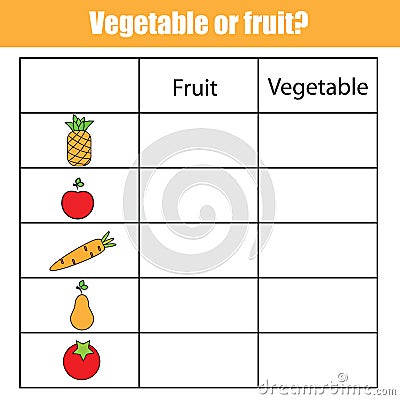 Fruit or vegetable educational children game, kids activity sheet Vector Illustration