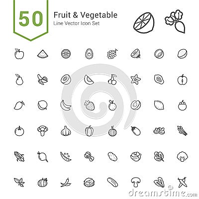 Fruit and Vegetable Icon Set. 50 Line Vector Icons. Vector Illustration