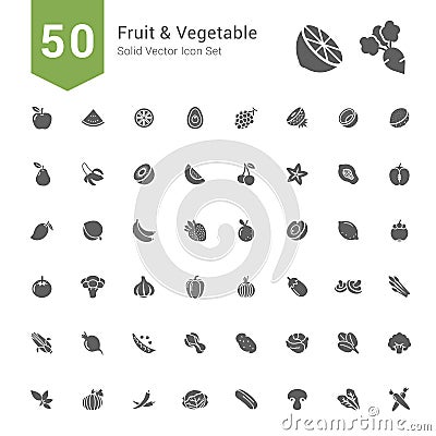 Fruit and Vegetable Icon Set. 50 Solid Vector Icons. Vector Illustration