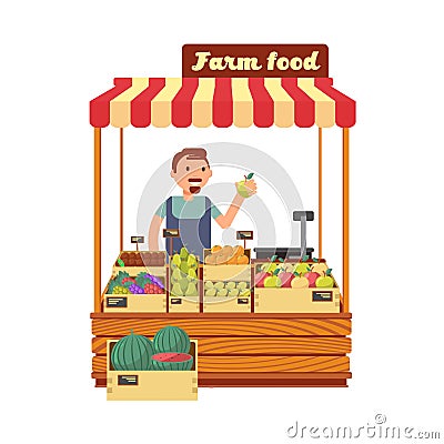 Fruit and vegetable market shop stand with happy young farmer character flat vector illustration Vector Illustration